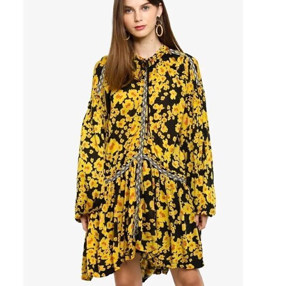 Free People Love Letter Tunic Floral Yellow Black M - Picture 2 of 11